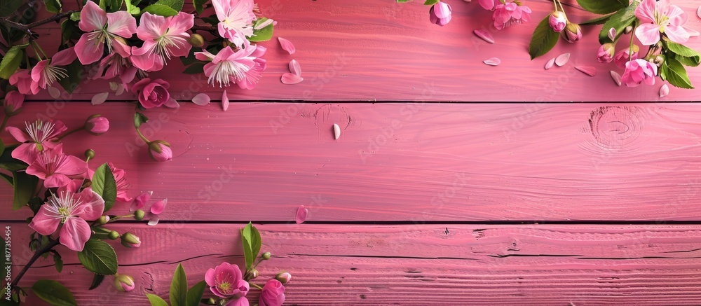 Wall mural Pink wooden background with spring flowers copy space image