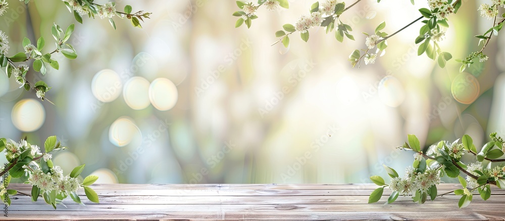 Sticker Rustic wedding table decorated with green branches on blurred background with copy space image ideal for design blogs and text