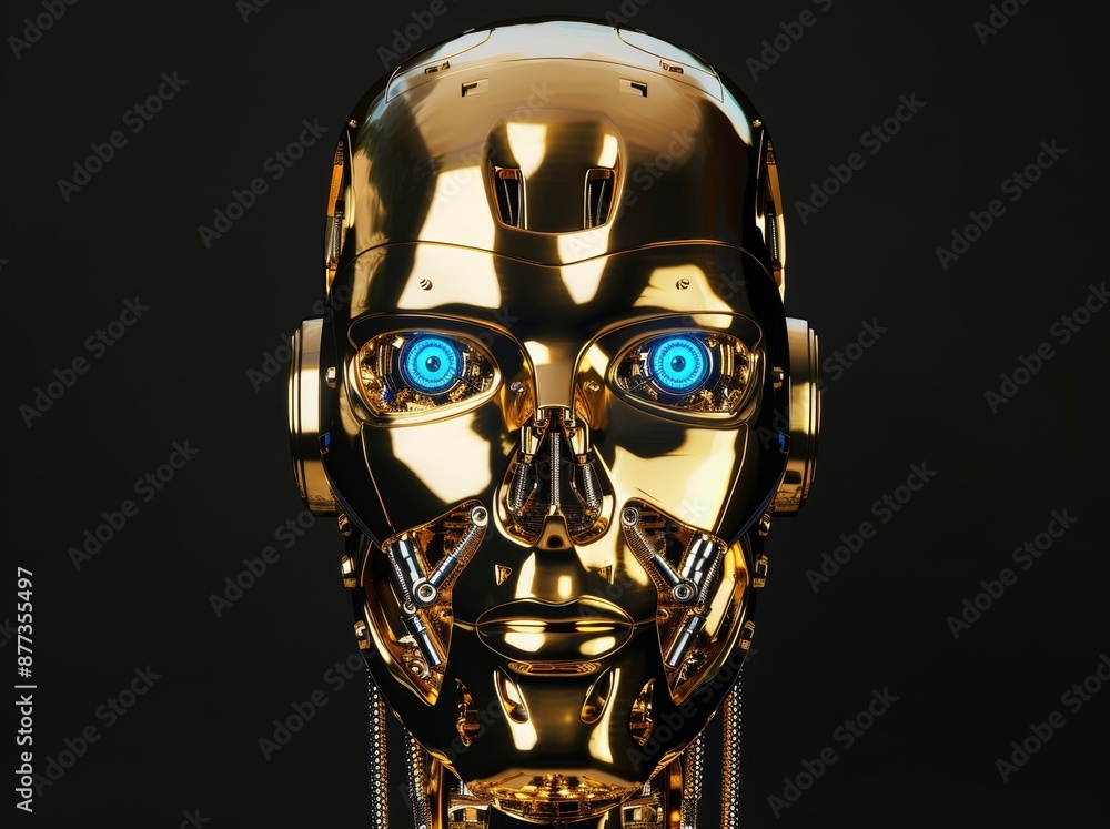 Poster black background with 3d render of futuristic robot head