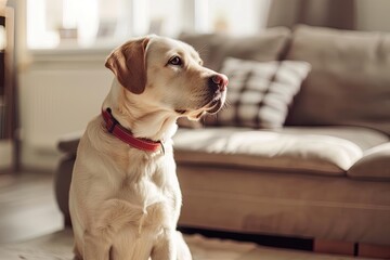 Golden Retriever Sitting Inside with a Couch in the Background