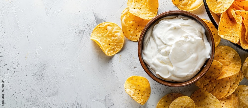 Poster sour cream and potato chips arranged appetizingly on a table with copy space image
