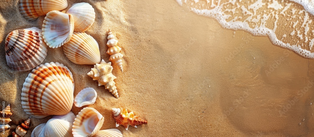 Poster seashells scattered on sandy beach perfect for a seaside holiday backdrop with room for text in a co