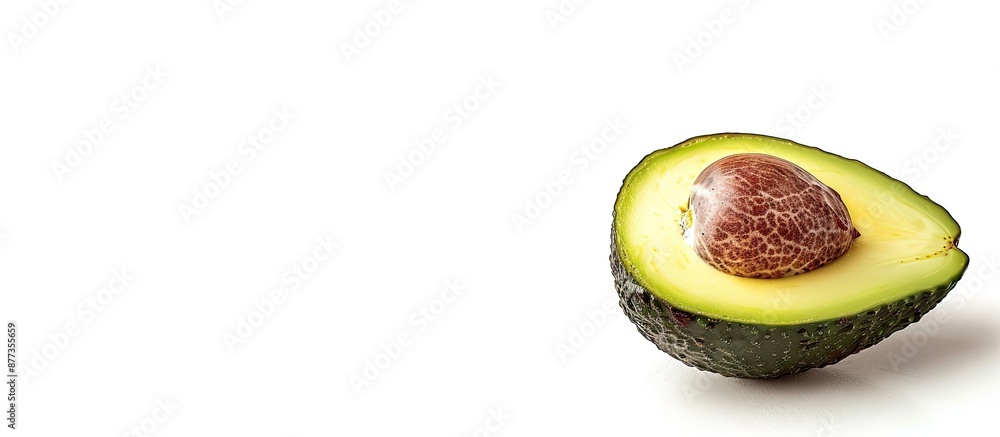Poster half of a fresh ripe organic avocado on a white background with space for text or other images. copy