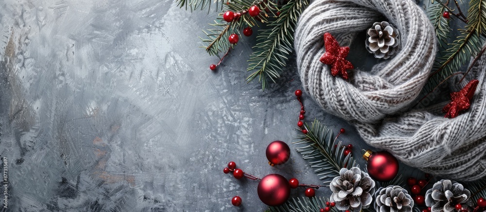 Poster flat lay christmas composition featuring a grey scarf and festive decorations on a background with a