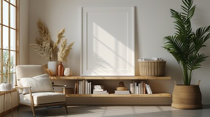 Modern Living Room with White Sofa, Wooden Shelves, and a Large Frame for Wall Decor