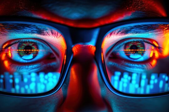 Close-up of eyes with glasses reflecting colorful code, representing technology, programming, and digital innovation.