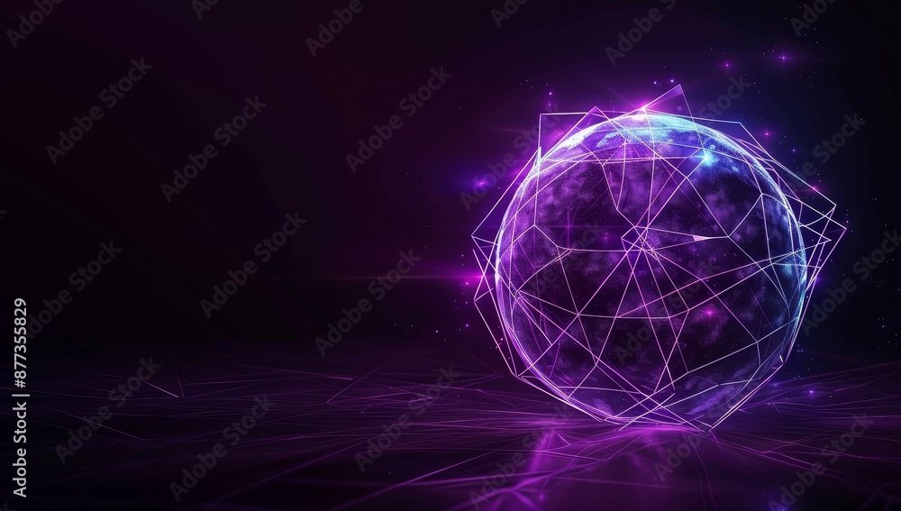 Poster polygonal sphere rendered in 3d with geometric shape and futuristic modern background.