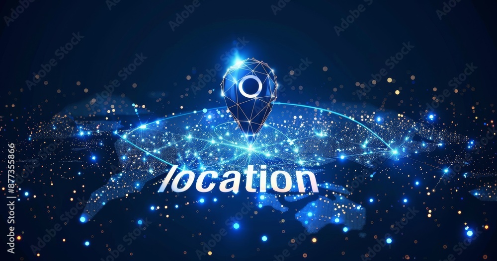 Poster abstract digital location pin on world map with glowing technology lines