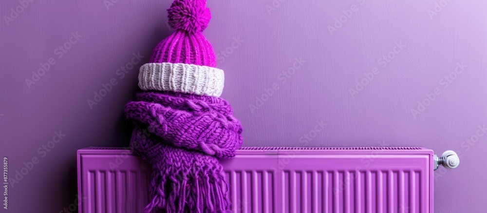 Poster a knitted hat and scarf placed on a heating radiator with a violet wall backdrop provide a charming 