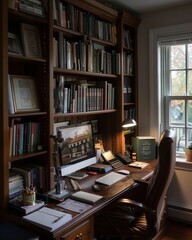 Cozy home office with wooden desk, bookshelves, and natural light.