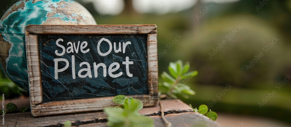 Poster on a wooden table there is a globe with a sign reading save our planet and blank space for more text