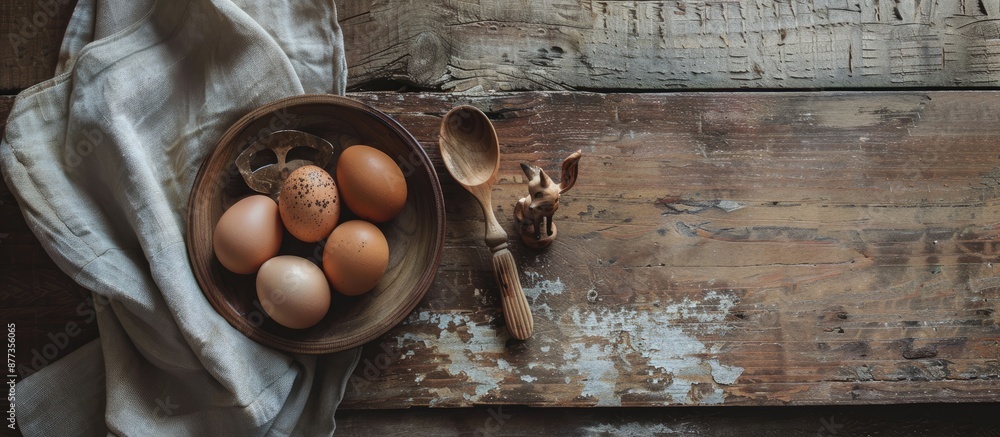Poster a rustic scene with eggs displayed on a wooden plate alongside a wooden spoon and a small decorative