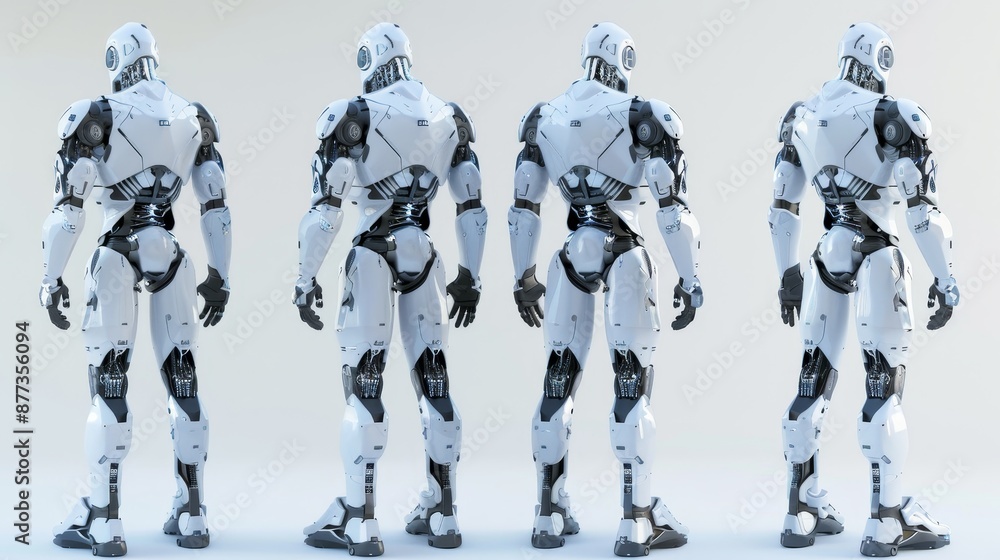 Poster detailed cyborg or robot man. front and back views. isolated on white background. 3d rendering.