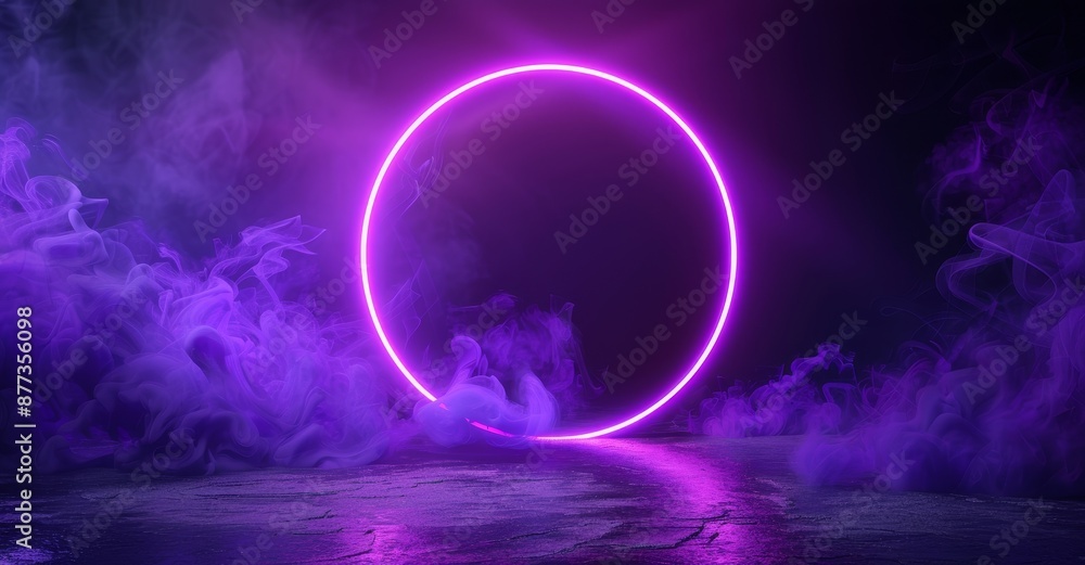 Poster 3d rendering of futuristic sci-fi neon light figures on wall and reflective concrete with empty spac