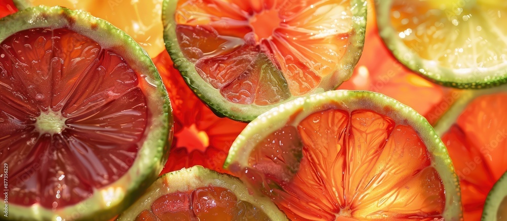 Aufkleber close up of vibrant lime slices in red and orange hues against a backdrop with ample copy space for 