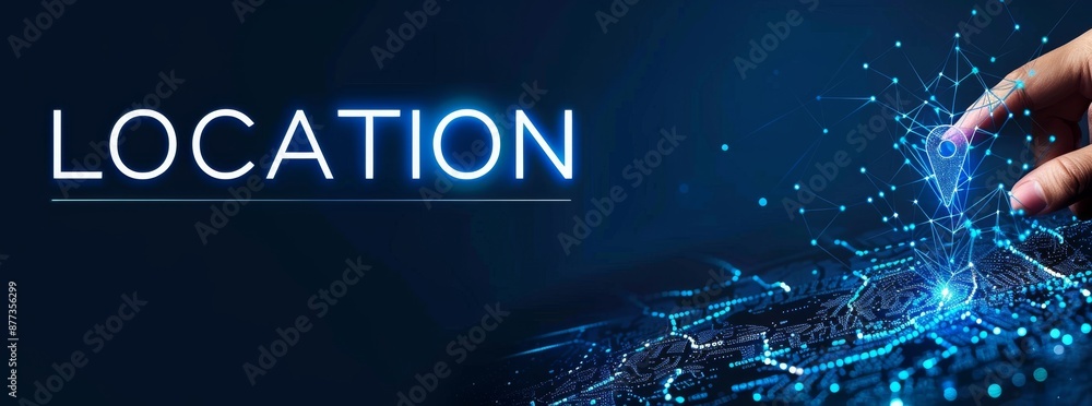 Poster abstract location point icon with hand in futuristic digital environment