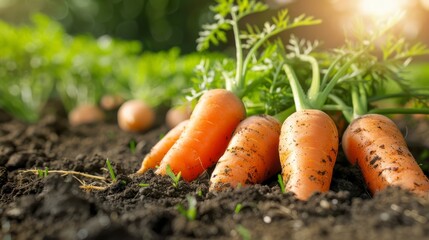 Carrots with tops lie in the dirt of a garden bed, bathed in sunlight