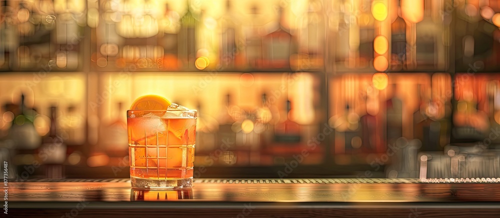 Poster a drink sits on the bar counter with a background of a clear space for adding text or other images a