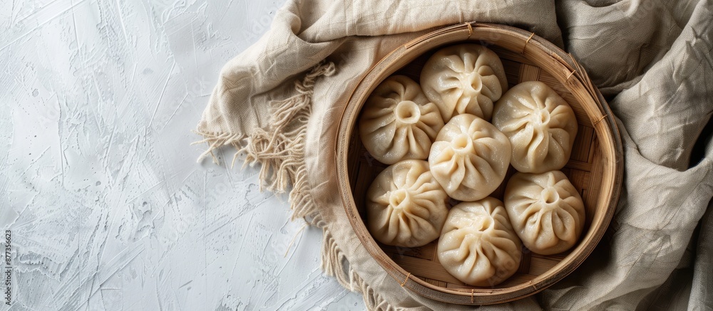 Poster top view image of khinkali displayed on a white background with ample copy space