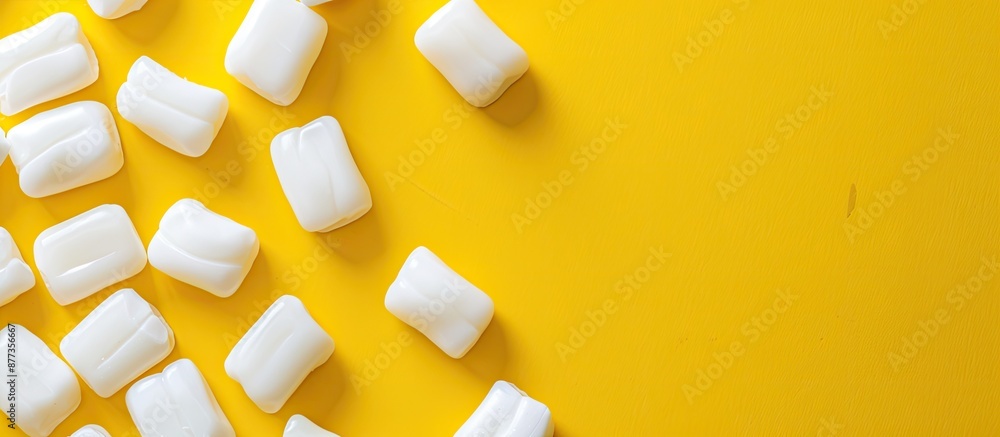 Poster a flat lay with delicious white gum on a yellow backdrop with room for text in the copy space image