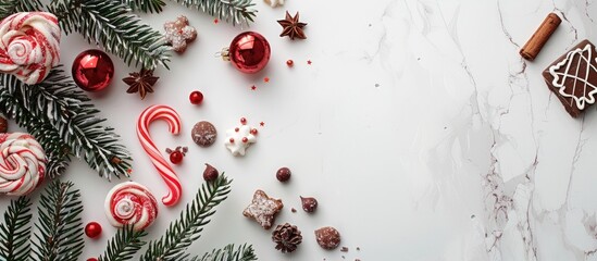 Festive sweets and treats displayed with Christmas tree branches on a white marble backdrop featuring copy space image