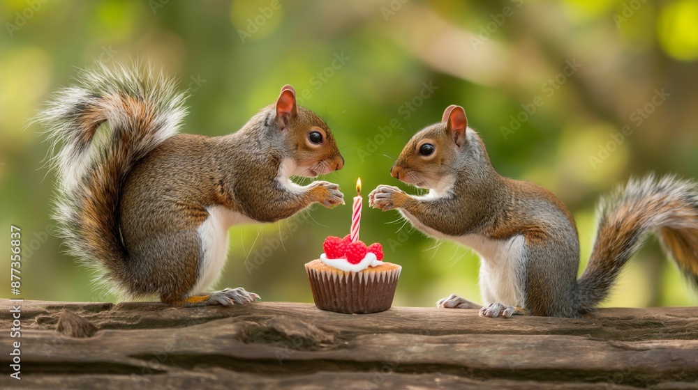 Poster two squirrels are standing on a log and looking at a cake with candles. one of the candles is lit