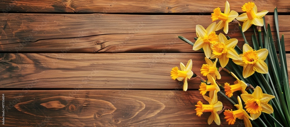 Sticker Top view of stylish yellow daffodils on a wooden background perfect as a Mother s Day background Symbolizing spring and gardening with space for copy text and images