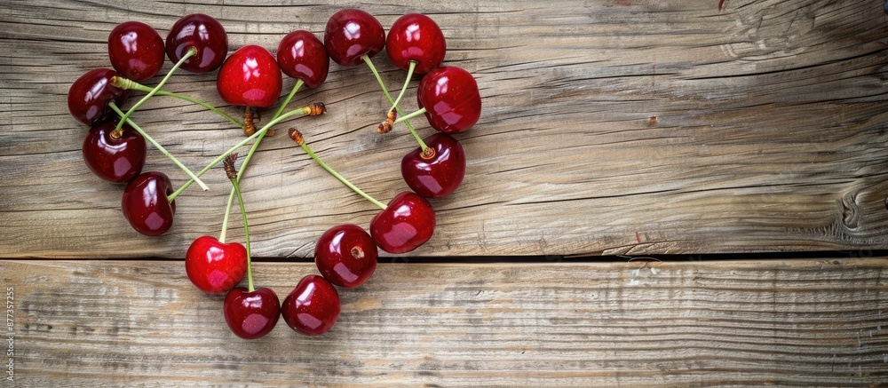 Sticker Cherries arranged in heart shape on wooden table with copy space image