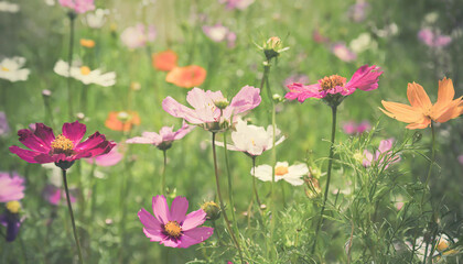 A picturesque summer meadow bursting with colorful flowers, showcasing the vibrant beauty of nature's palette.