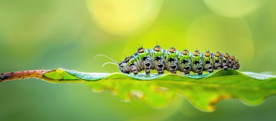 White edged Hunter Hawkmoth caterpillar crawling on a torn leaf with a blurred green backdrop in a composition with ample copy space image