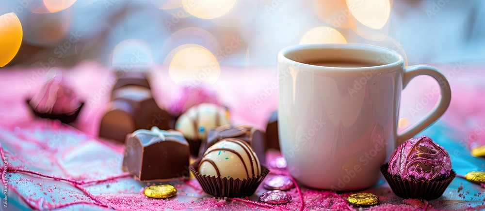 Poster a vibrant image showing colorful chocolates and a mug set on a table with copy space image