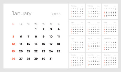 Minimalist style monthly calendar template for 2025 year. English calendar. Week starts on Sunday. Set of 12 months. Simple design with big letters, typographic elements. Square composition