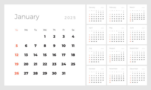Minimalist style monthly calendar template for 2025 year. English calendar. Week starts on Sunday. Set of 12 months. Simple design with big letters, typographic elements. Square composition