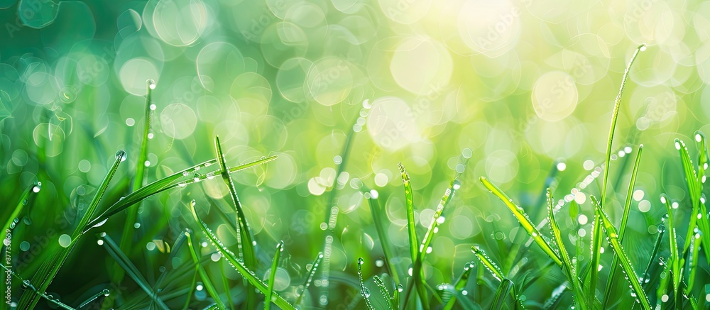 Poster abstract natural background of dew covered fresh green spring grass with soft focus ideal as a backd