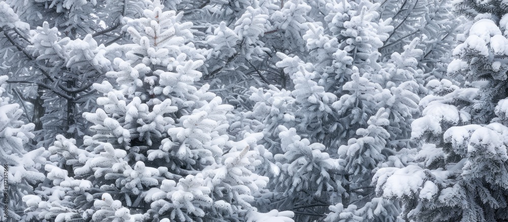 Poster winter forest of snow covered pine trees in close up view with ample copy space image