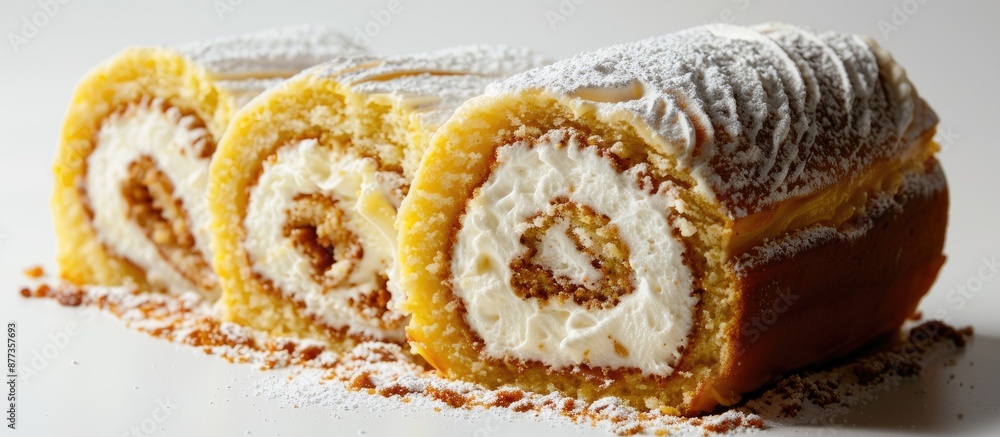 Poster vanilla cake roll with japanese milk essence filled with cream displayed on a white background for a