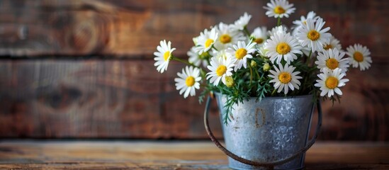 Daisies in a bucket on a wooden backdrop suitable for a Mother s Day themed copy space image