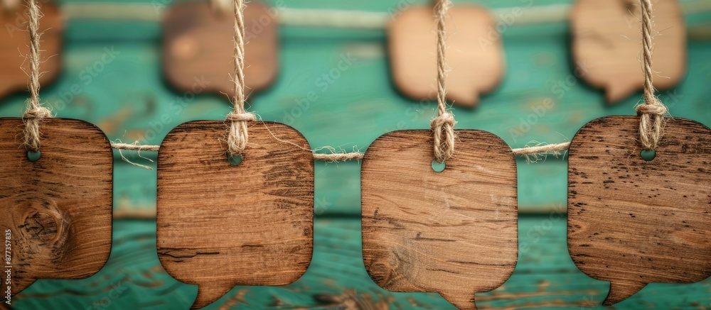 Poster wooden speech bubbles hanging on a string against a vintage background with copy space image