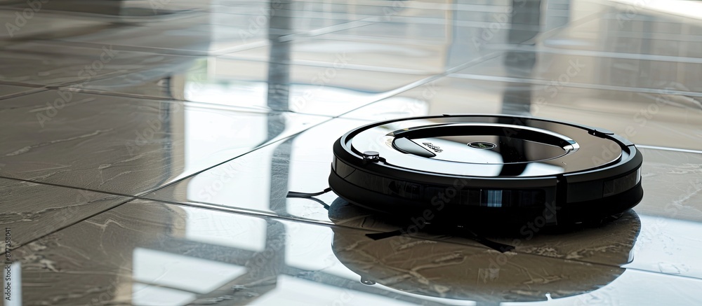 Poster close up of a circular robot vacuum cleaner on a reflective tiled floor with space for a picture. co
