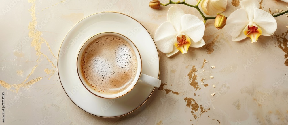 Poster a top down view displays a cup of coffee against a golden frame adorned with delicate orchid flowers