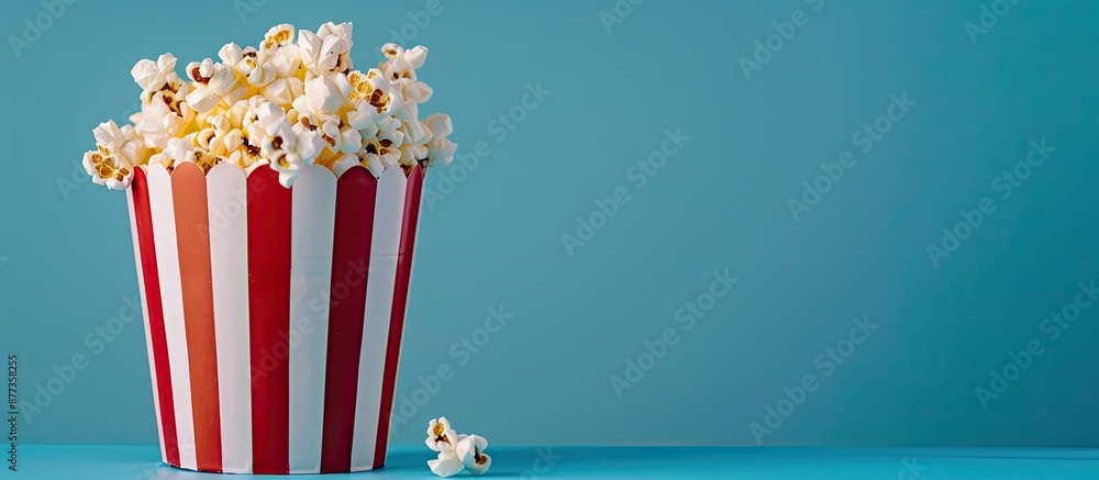 Poster flat lay of delectable popcorn in a bucket against a blue backdrop with copy space image