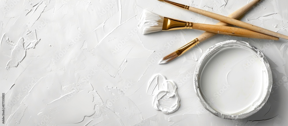 Poster top down view of a pot of white paint and brushes on a blank background with copy space image