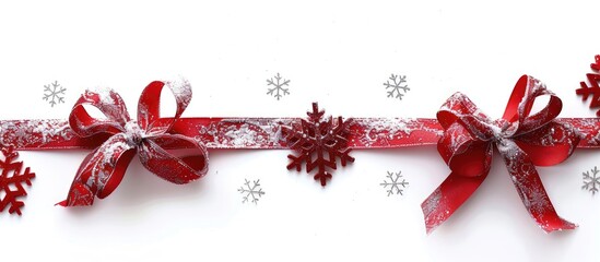 A festive red ribbon adorned with snowflakes set against a white backdrop for Christmas St Valentine s Day and gift themes featuring a copy space image