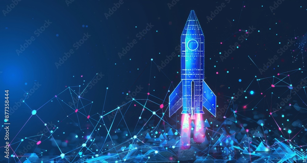 Poster abstract digital rocket launch with futuristic network connections representing growth and innovatio