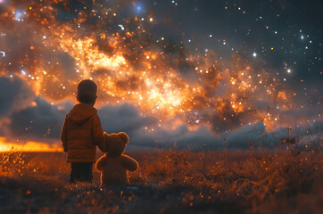 Obraz premium Little boy with teddy bear stand in the field under bright milky way galaxy and meteor rain.