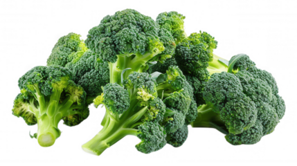 A close-up image of a crown of broccoli florets isolated on a transparent background.