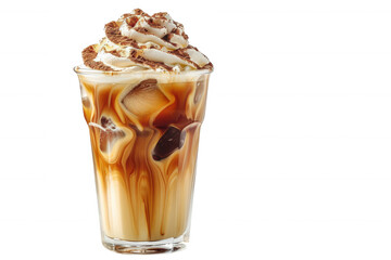 Iced coffee with whipped cream and caramel sauce in a glass on  transparent background