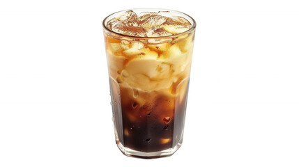 Iced coffee in a glass with ice cubes, transparent background