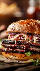 Close-up of a delicious barbecue beef brisket sandwich with slaw and sauce.