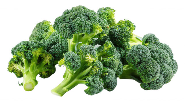 A close-up image of a crown of broccoli florets isolated on a transparent background.